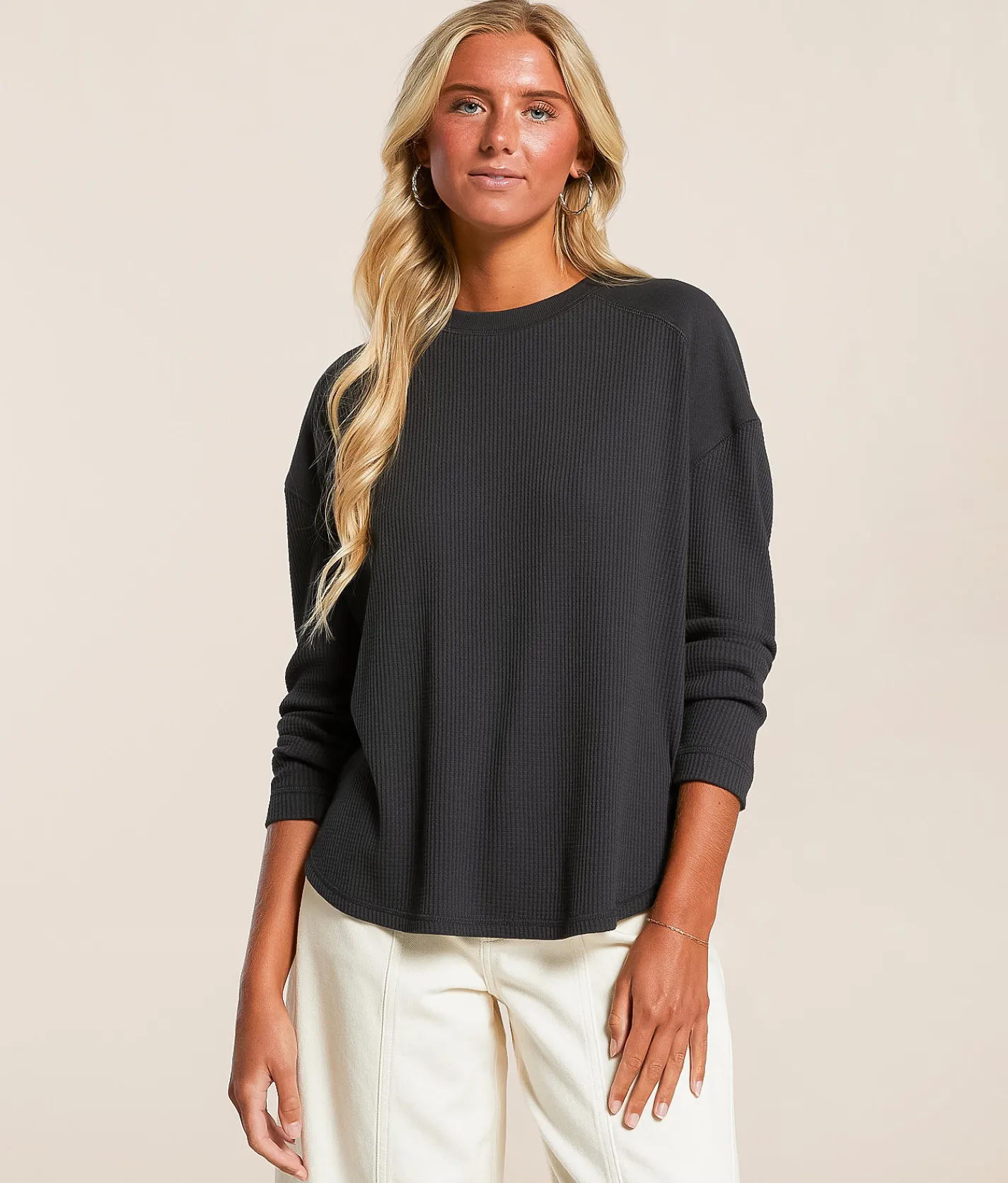 White Crow Lyla Waffle Knit Thermal Top Washed Black Discount