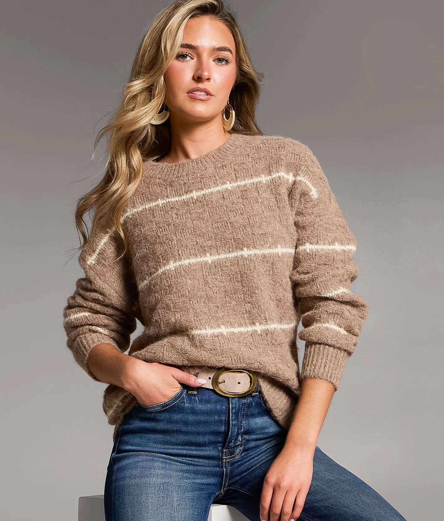 Tops | BKE Marl Striped Sweater Chocolate
