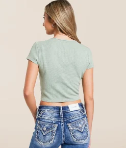 Affliction Marson Rouched Thermal Cropped T-Shirt Granite Green Clearance