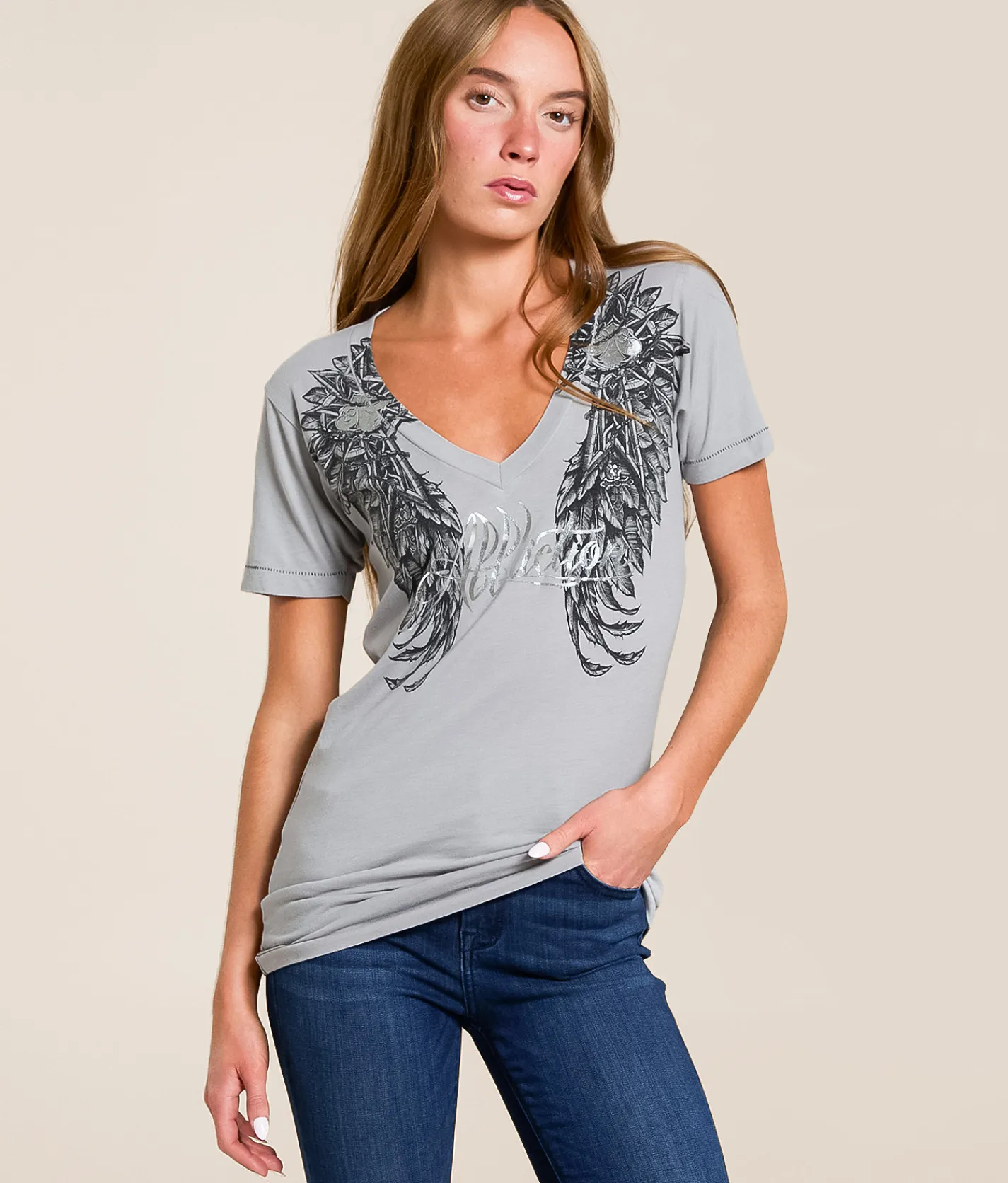Affliction Medallion T-Shirt Silver Grey Burnout Discount