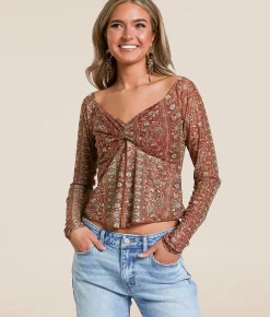 Tops | Willow & Root Mesh Split Hem Top Brown Assorted