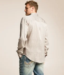 Eight X Metallic Embroidered Shirt Tan New