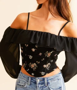 Tops | Willow & Root Metallic Floral Cold Shoulder Top Black