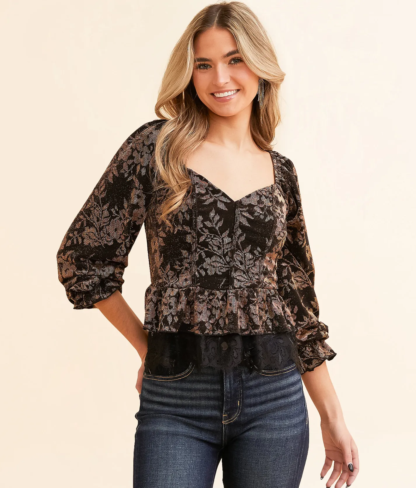 Tops | Willow & Root Metallic Floral Peplum Top Black And Gold