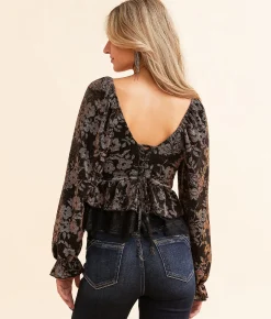 Tops | Willow & Root Metallic Floral Peplum Top Black And Gold