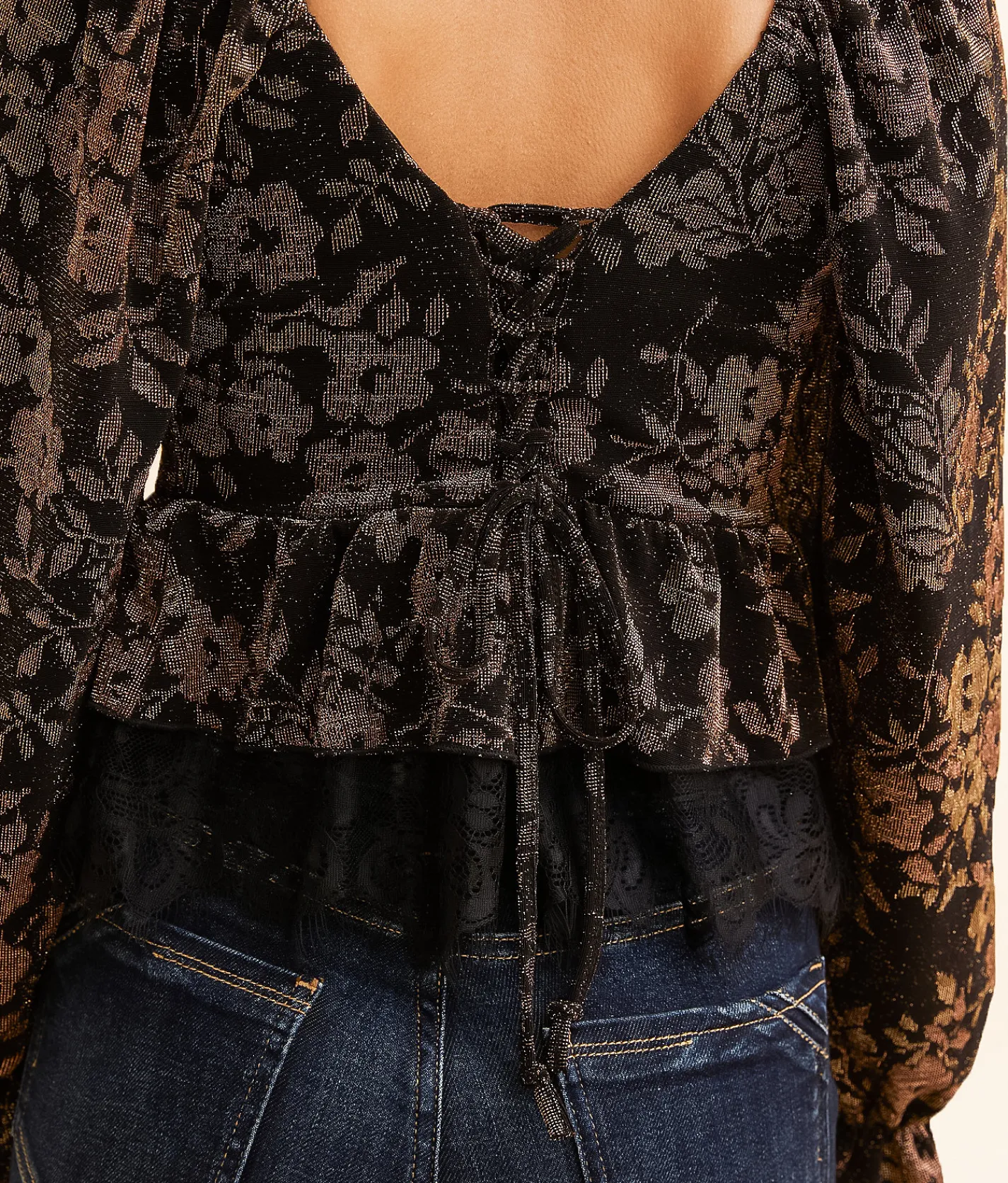 Tops | Willow & Root Metallic Floral Peplum Top Black And Gold