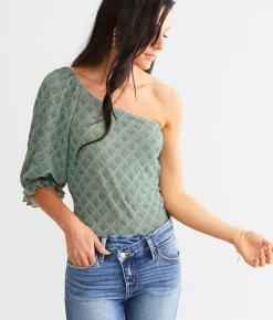 Tops | Willow & Root Metallic Jacquard Top Green