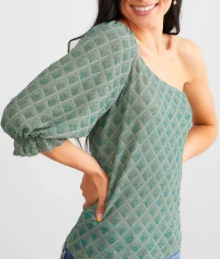 Tops | Willow & Root Metallic Jacquard Top Green