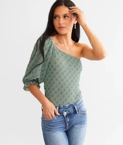 Tops | Willow & Root Metallic Jacquard Top Green