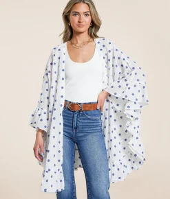 En Creme Metallic Striped Kimono White Blue Outlet