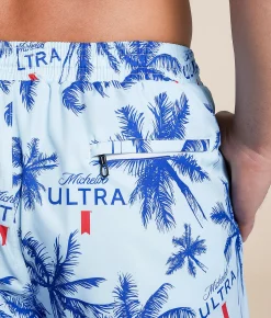 Bottoms|Swimwear | Tropical Bros Michelob Ultra Palm Fronds Swim Trunks Blue