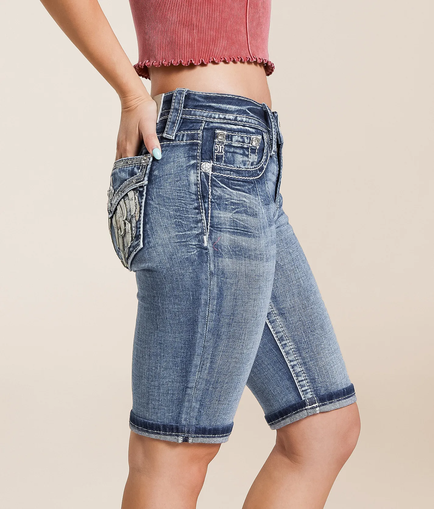 Miss Me Mid-Rise Bermuda Stretch Short K1282 New