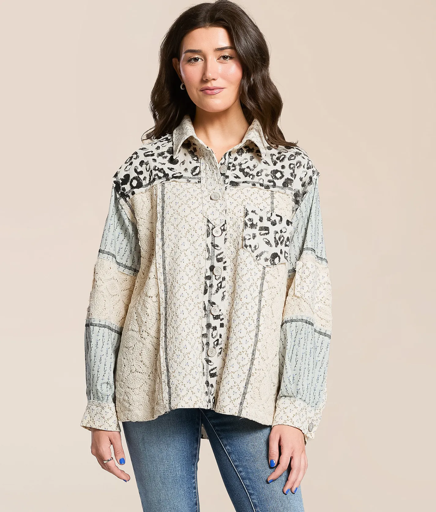 POL Missed Media Oversized Shacket Blue Multi Discount
