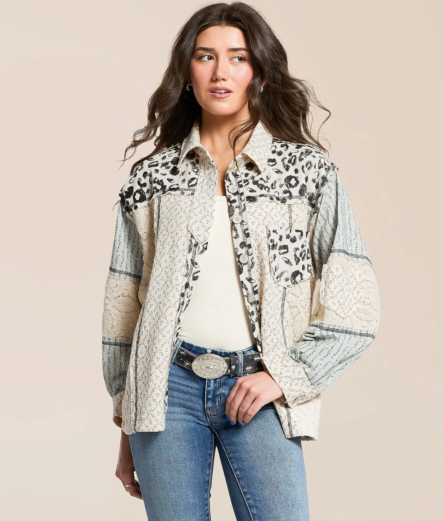 POL Missed Media Oversized Shacket Blue Multi Discount