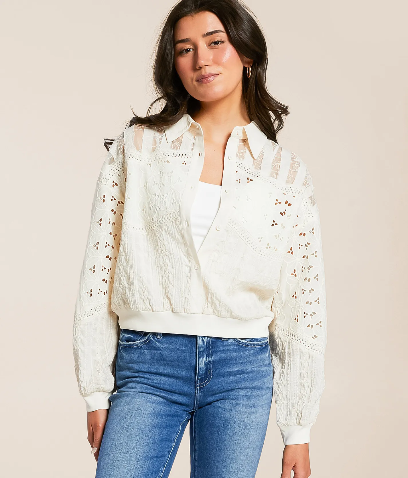 Tops | Miss Me Mixed Crochet Shirt Natural White