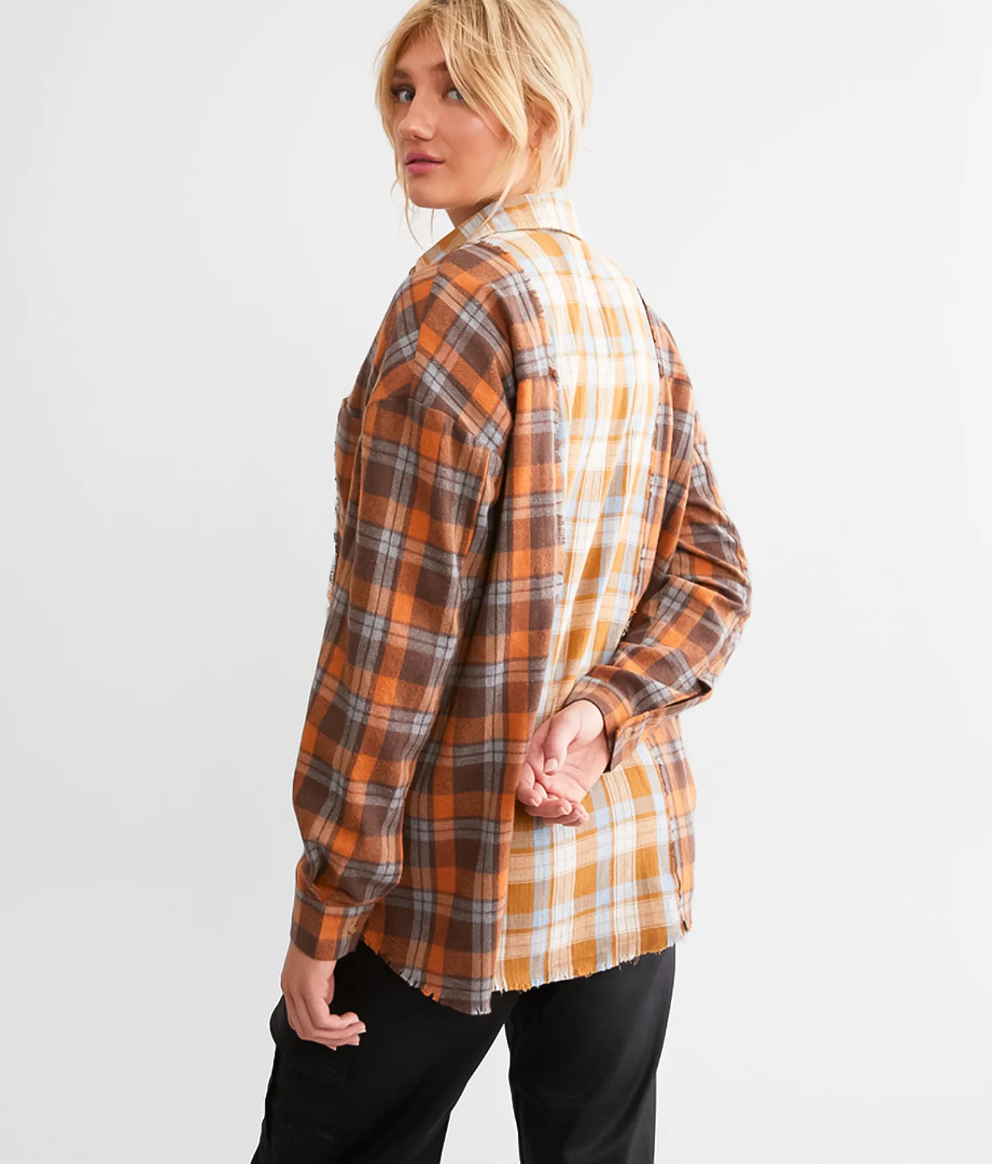 Tops | BKE Mixed Flannel Boyfriend Shirt Brown Blue