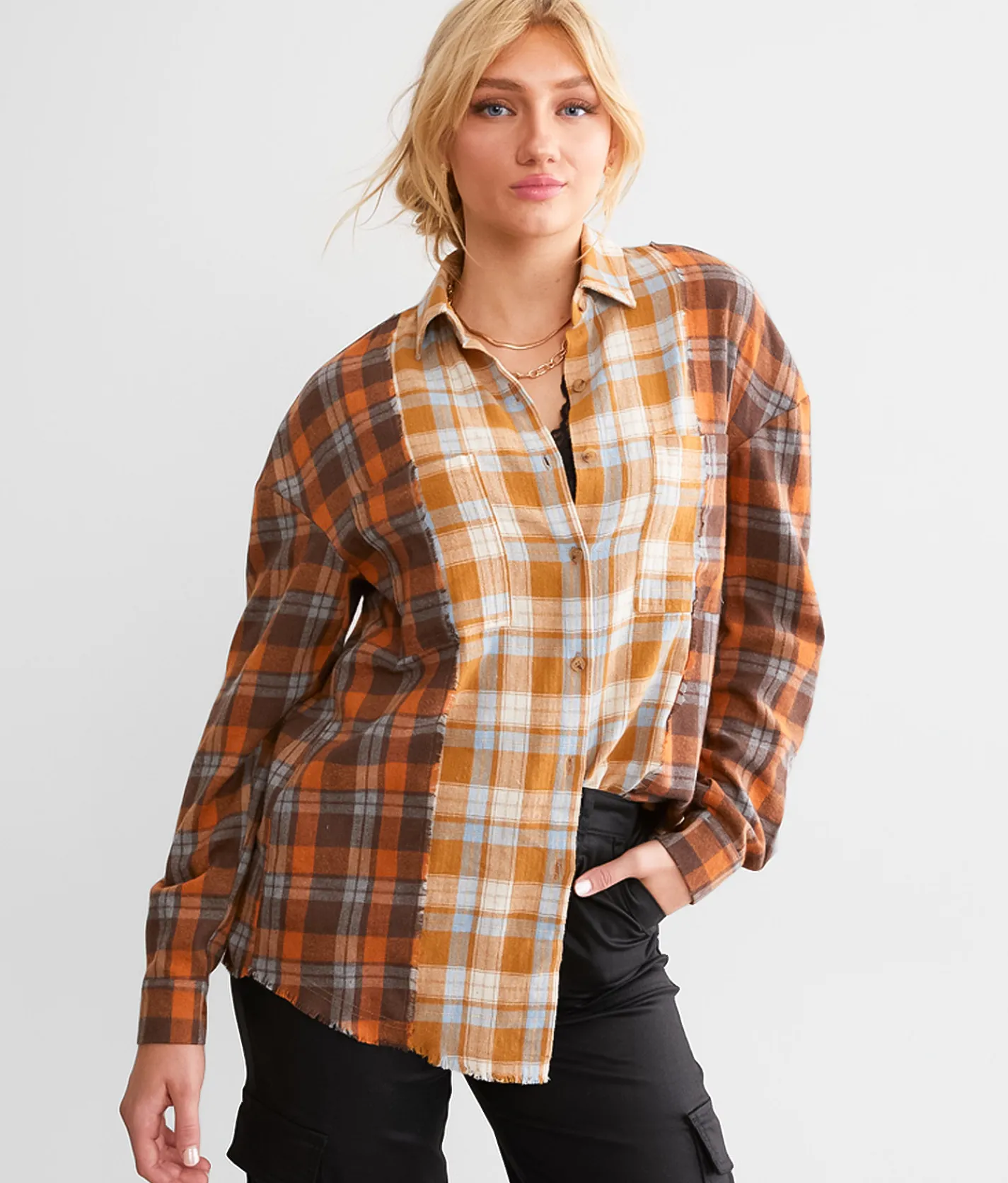 Tops | BKE Mixed Flannel Boyfriend Shirt Brown Blue