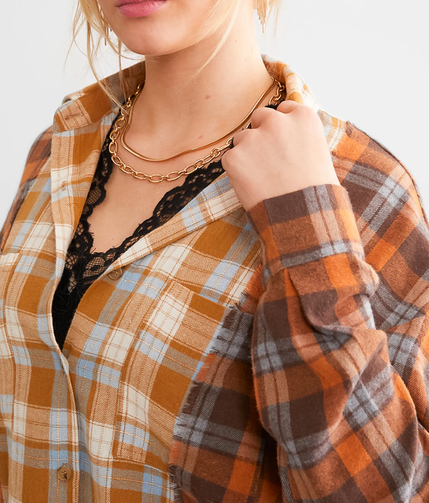 Tops | BKE Mixed Flannel Boyfriend Shirt Brown Blue