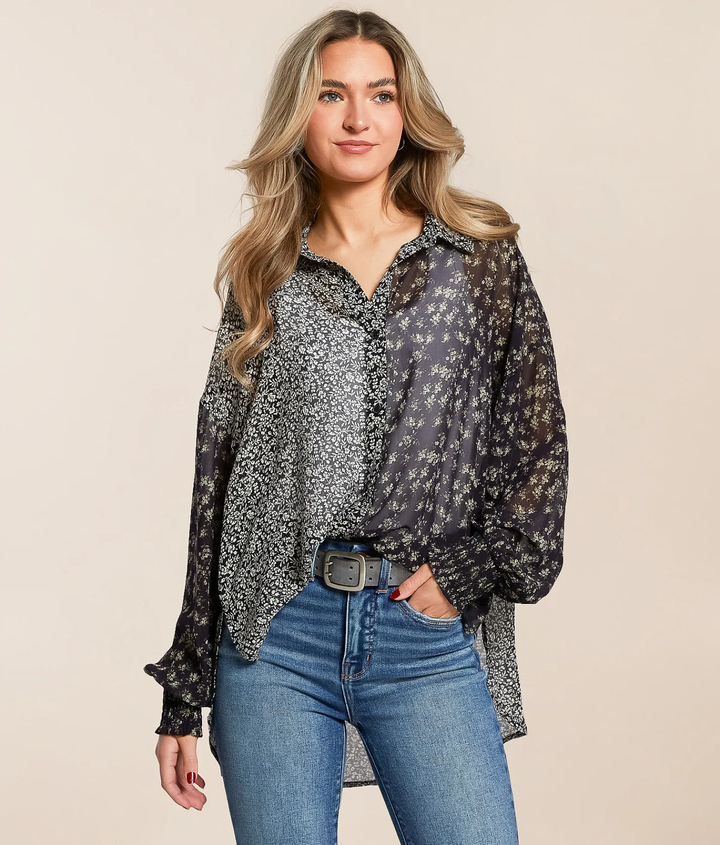 Tops | Acoa Mixed Floral Chiffon Blouse Navy