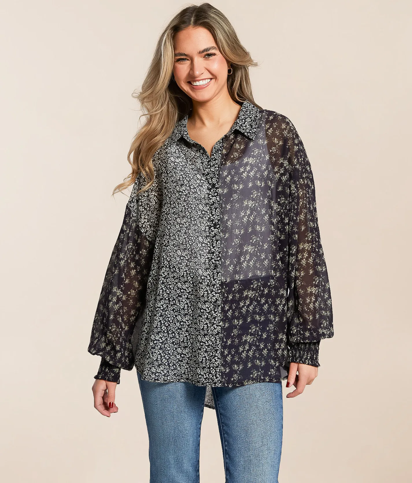 Tops | Acoa Mixed Floral Chiffon Blouse Navy