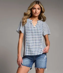 Tops | BKE Mixed Gingham Top Navy Cream