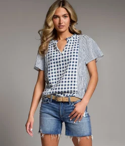 Tops | BKE Mixed Gingham Top Navy Cream