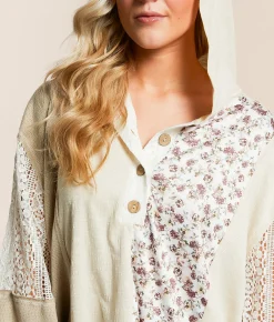 Daytrip Mixed Knit Henley Hoodie Cream Tan Pink Floral Clearance