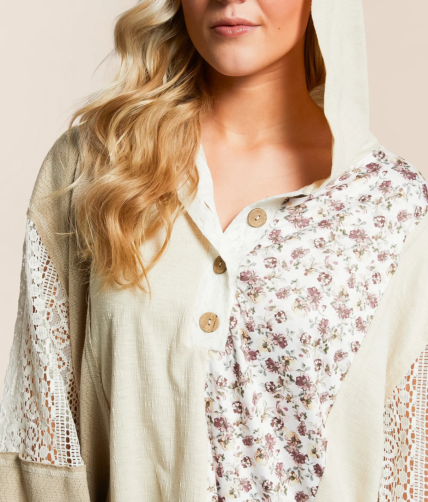 Daytrip Mixed Knit Henley Hoodie Cream Tan Pink Floral Clearance