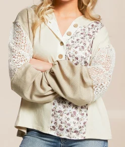 Daytrip Mixed Knit Henley Hoodie Cream Tan Pink Floral Clearance