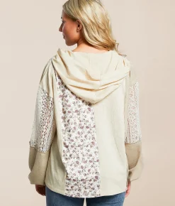Daytrip Mixed Knit Henley Hoodie Cream Tan Pink Floral Clearance