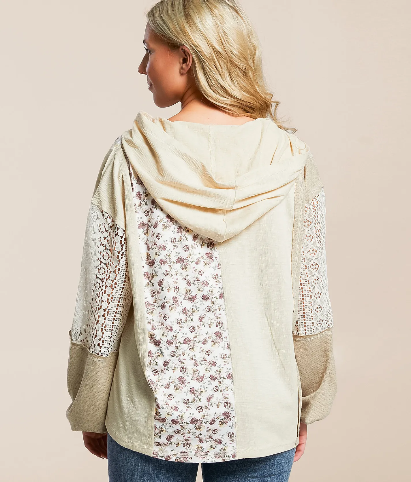 Daytrip Mixed Knit Henley Hoodie Cream Tan Pink Floral Clearance
