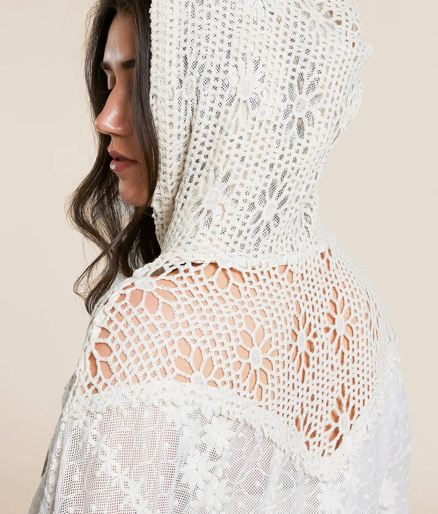 Miss Me Mixed Lace Hoodie Natural Discount