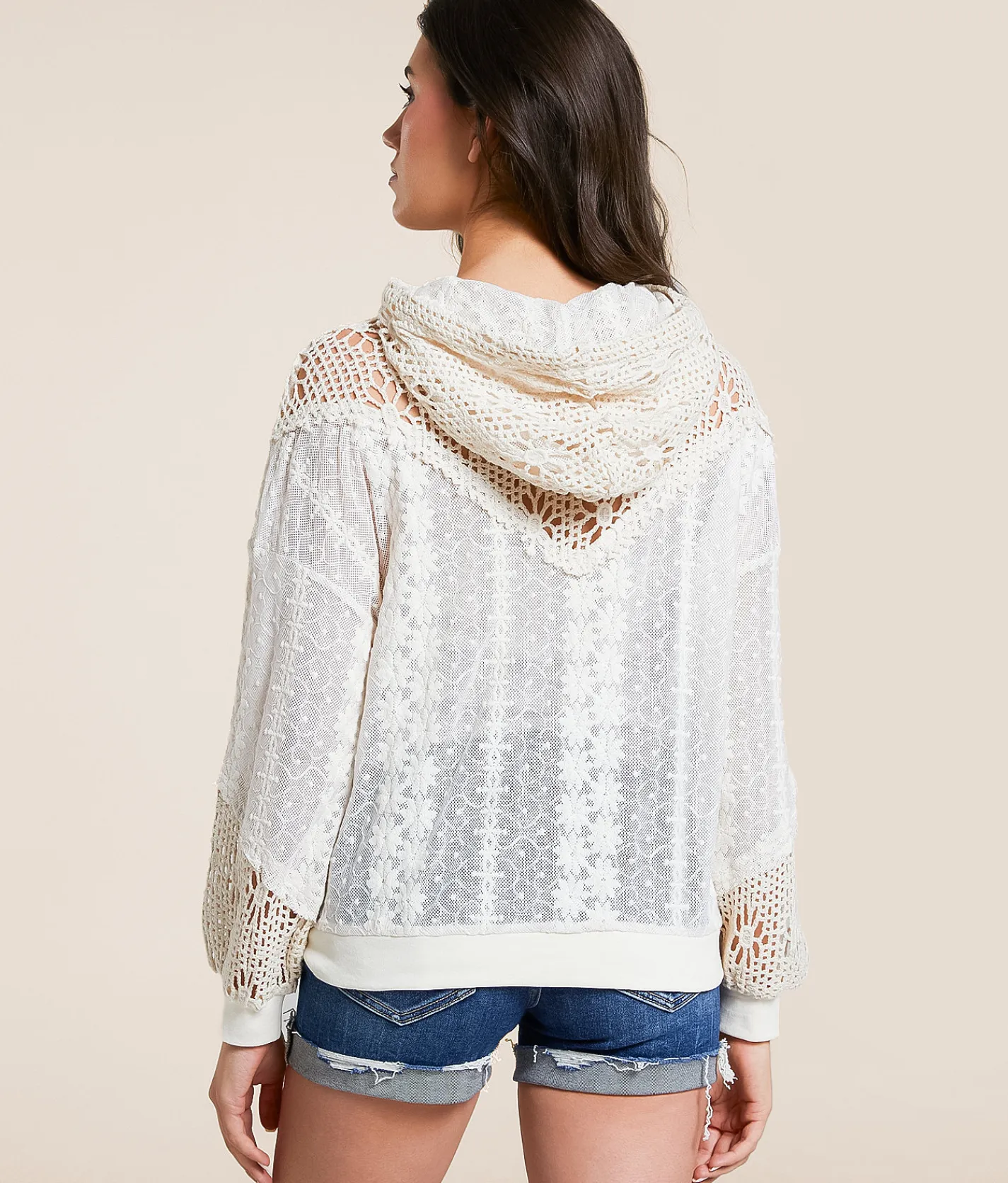 Miss Me Mixed Lace Hoodie Natural Discount