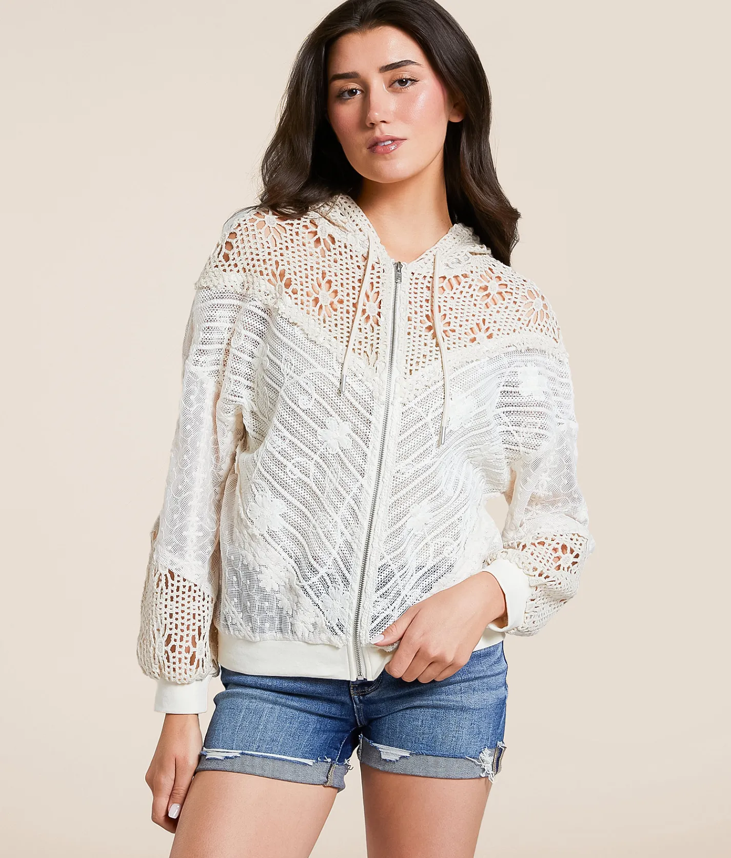 Miss Me Mixed Lace Hoodie Natural Discount