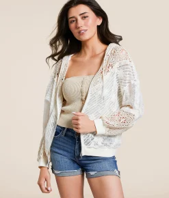 Miss Me Mixed Lace Hoodie Natural Discount