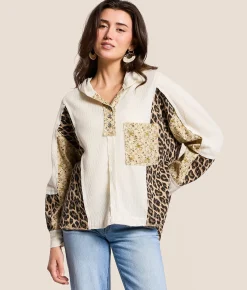 POL Mixed Media Henley Hoodie Cream Best