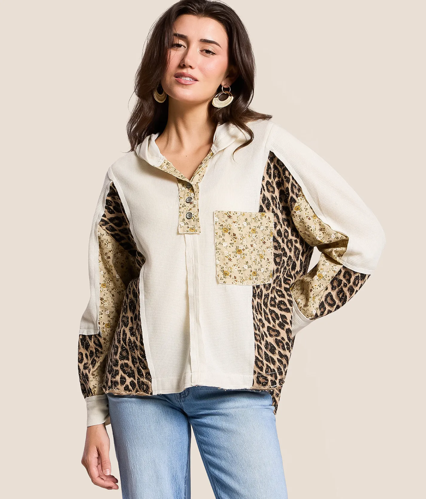 POL Mixed Media Henley Hoodie Cream Best