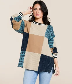 Tops | Gilded Intent Mixed Media Oversized Pullover Beige Multi