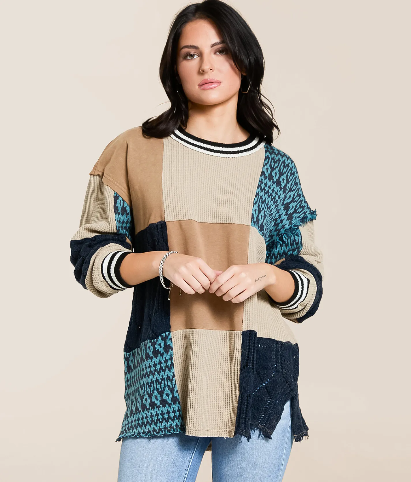 Tops | Gilded Intent Mixed Media Oversized Pullover Beige Multi
