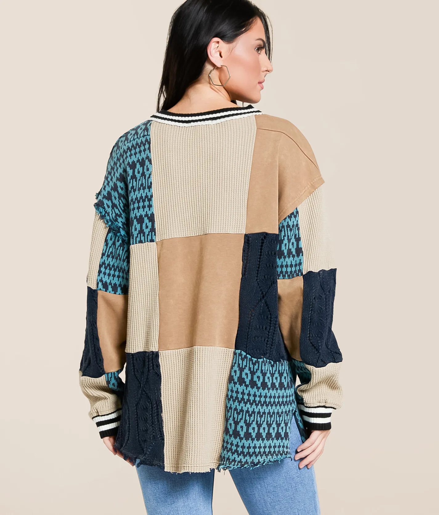 Tops | Gilded Intent Mixed Media Oversized Pullover Beige Multi