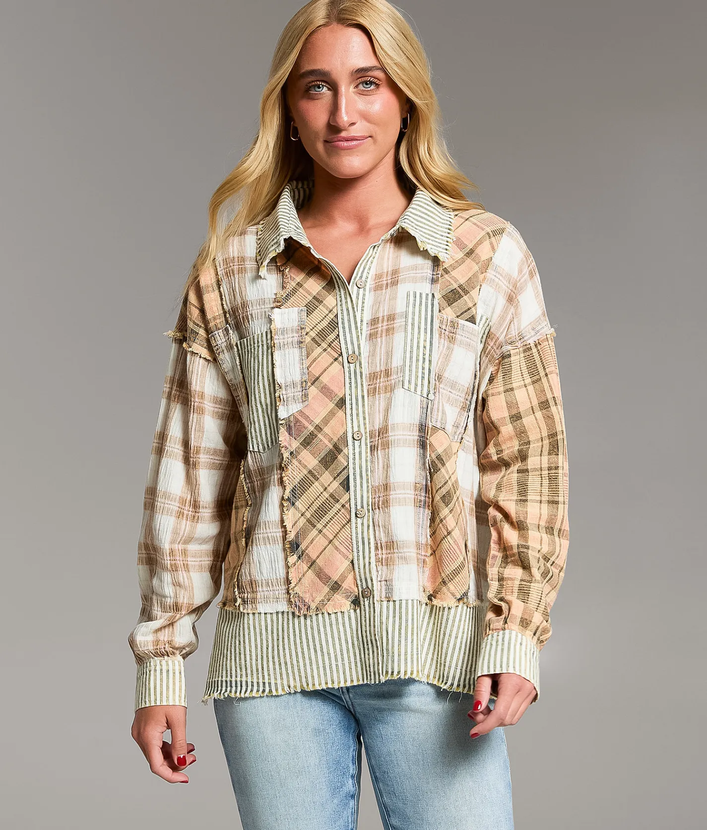 Tops | BKE Mixed Plaid Shirt Beige Olive