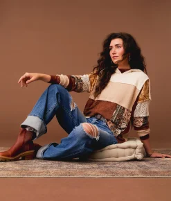 Tops | Gimmicks Mixed Rib Knit Hoodie Brown Multi