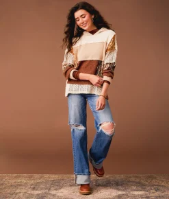Tops | Gimmicks Mixed Rib Knit Hoodie Brown Multi