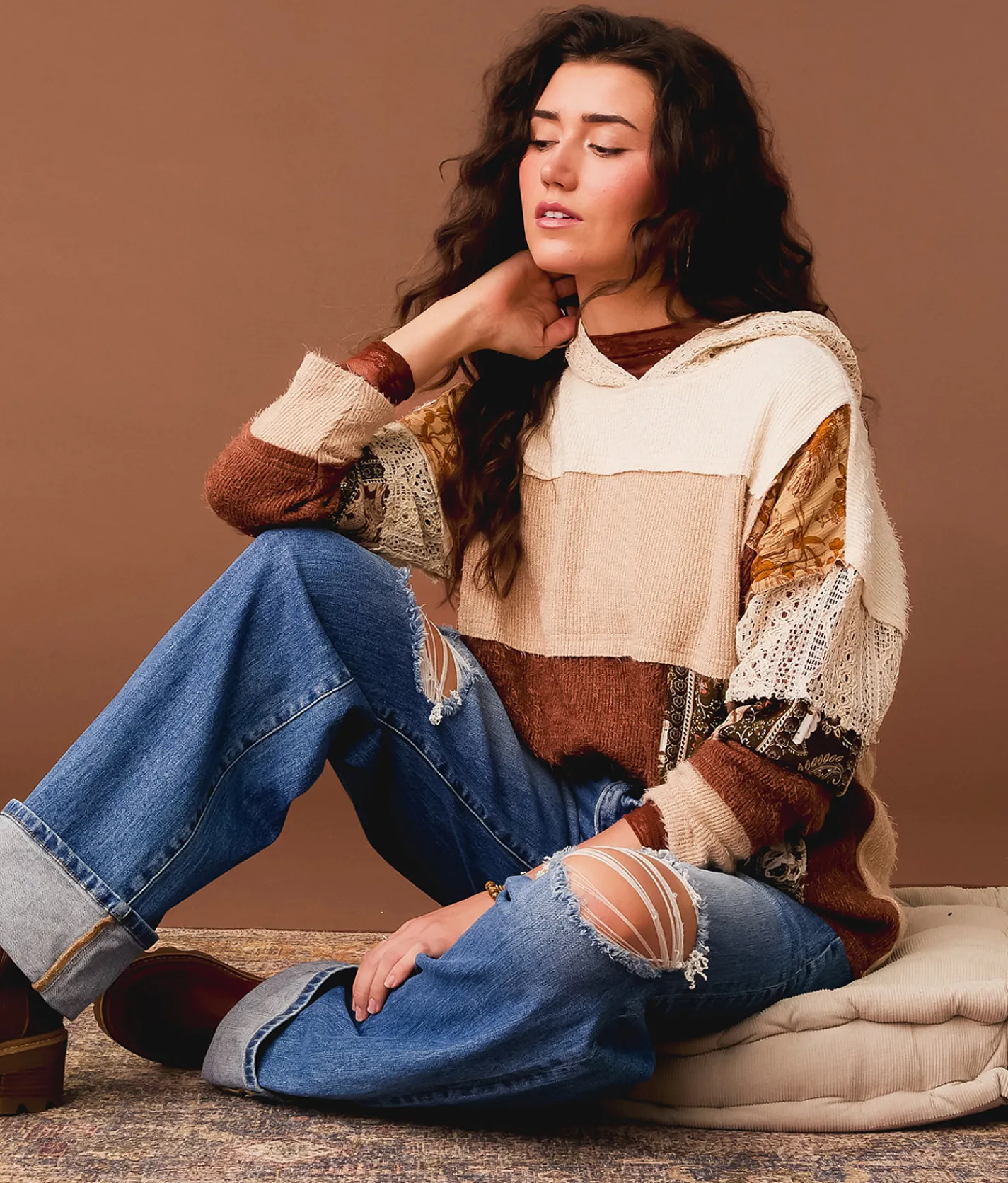 Tops | Gimmicks Mixed Rib Knit Hoodie Brown Multi