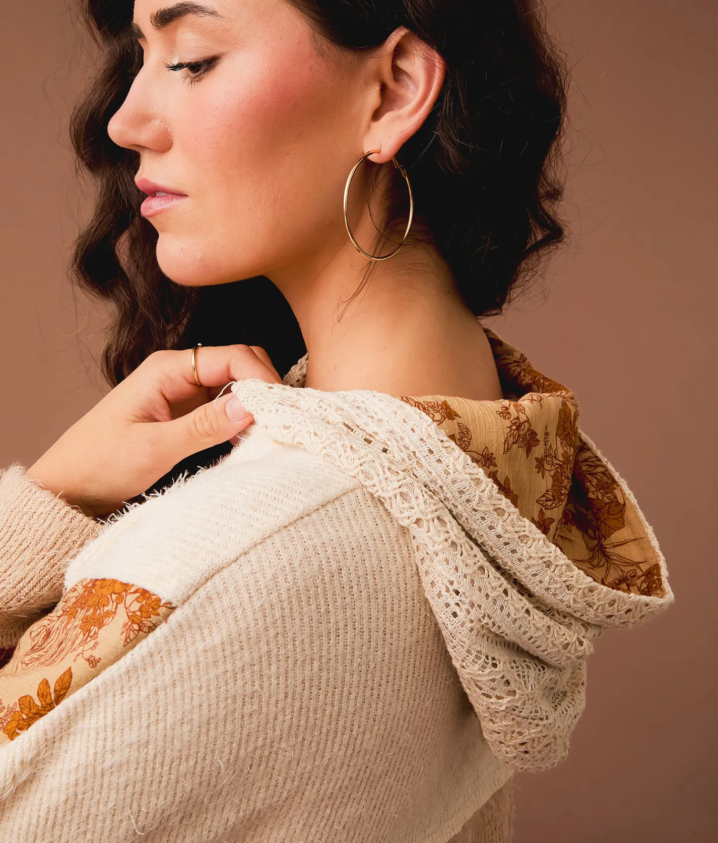 Tops | Gimmicks Mixed Rib Knit Hoodie Brown Multi