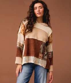 Tops | Gimmicks Mixed Rib Knit Hoodie Brown Multi