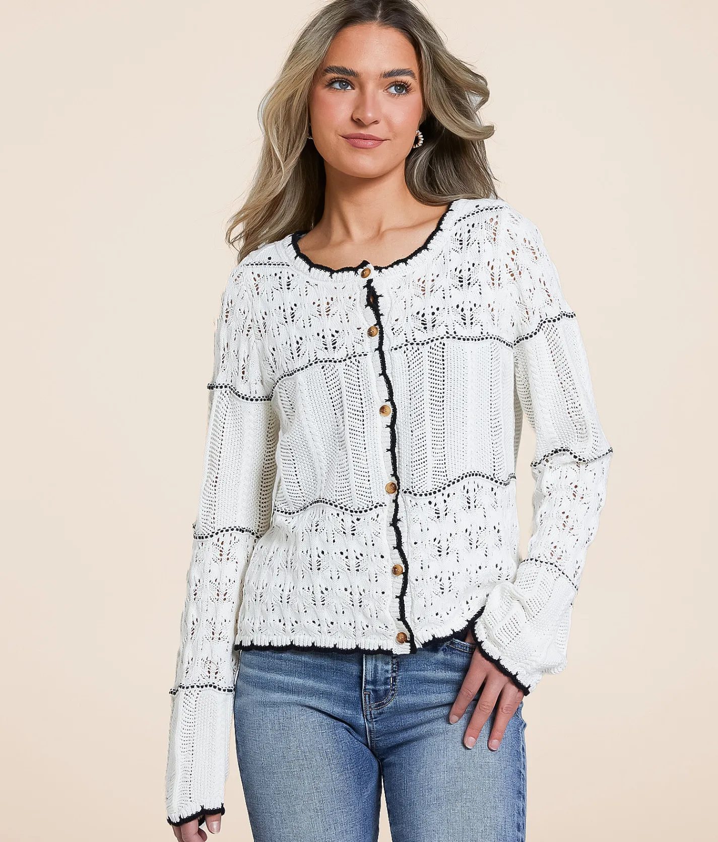 Tops | Willow & Root Mixed Stitch Cardigan Sweater White Rawhide