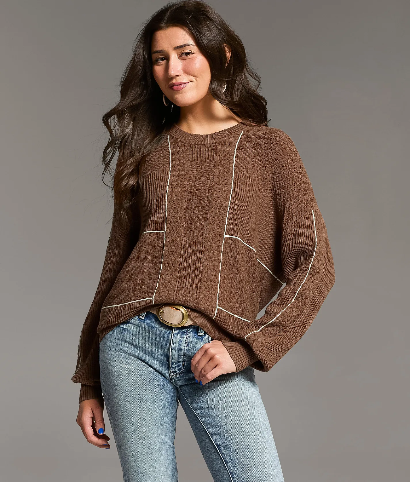 BKE Mixed Stitch Sweater Acorn Cream Online