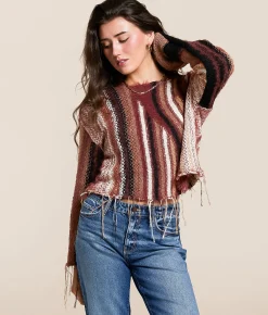 Tops | Gilded Intent Mixed Stripe Eyelash Fringe Sweater Brown and Cream
