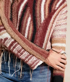 Tops | Gilded Intent Mixed Stripe Eyelash Fringe Sweater Brown and Cream